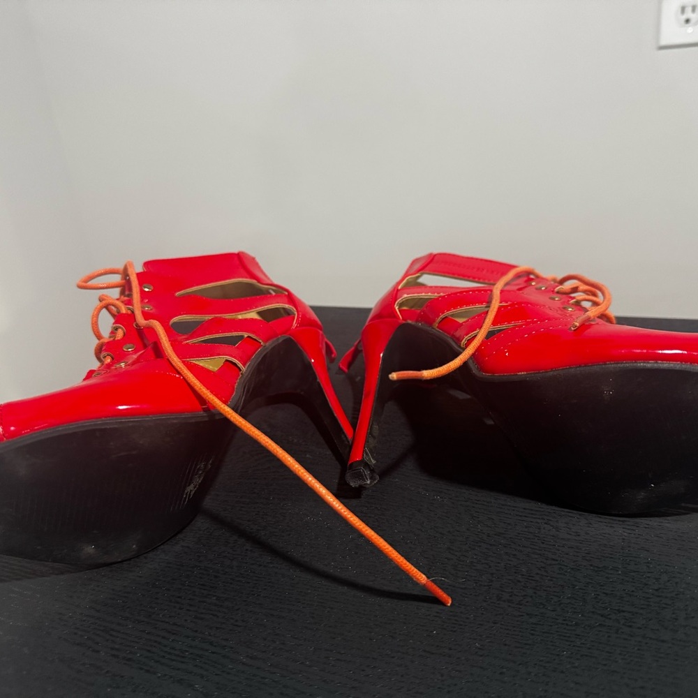 Red Lace-Up Patent High Heel Sandals - Women
